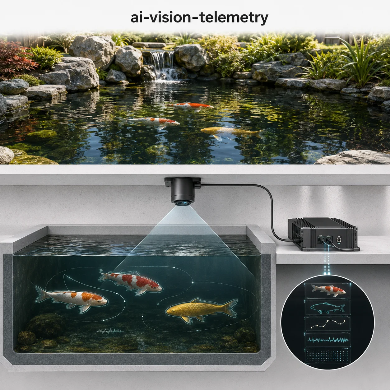 AI vision telemetry system analyzing koi behavior and health indicators through computer vision