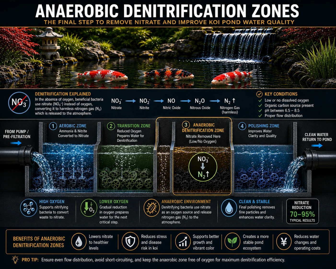 Schematic of a deep-bed anaerobic denitrification zone in a koi pond filter