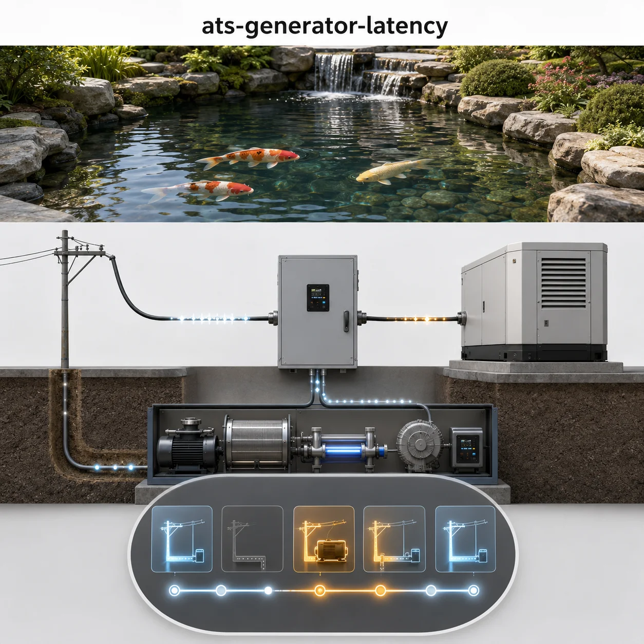 Automatic Transfer Switch and backup generator control panel with latency timing diagrams