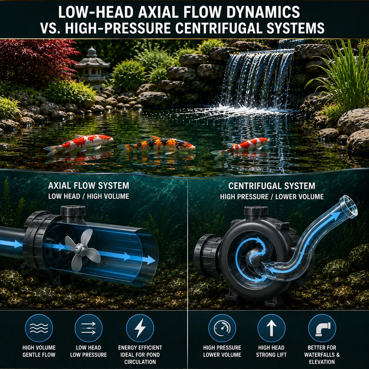 Axial flow dynamics in a koi pond circulation system