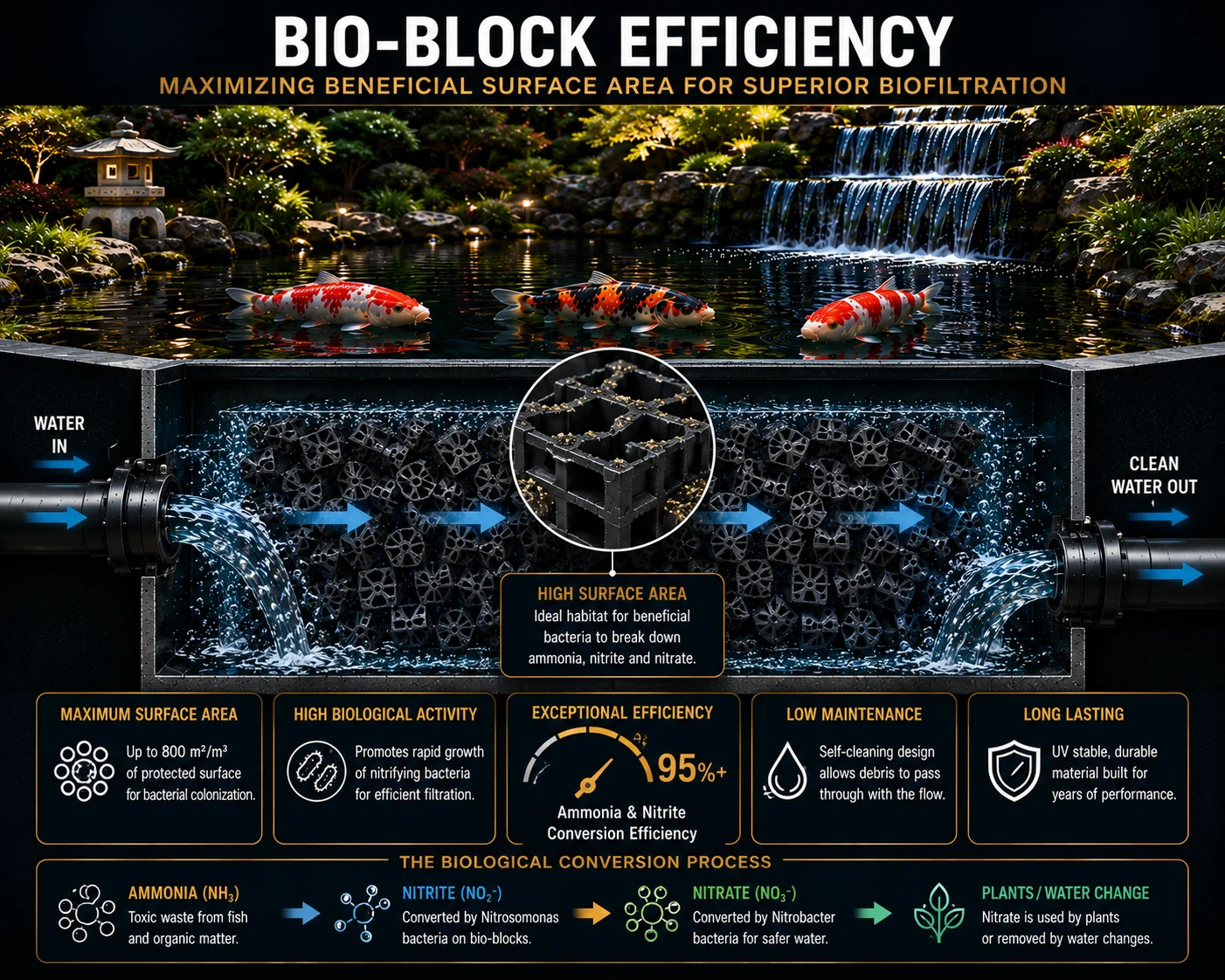 Static Ceramic Bio-Block Efficiency graphic showing high surface area for biofiltration