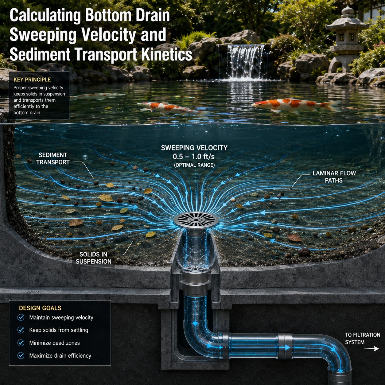 Calculating Bottom Drain Sweeping Velocity and Sediment Transport Kinetics