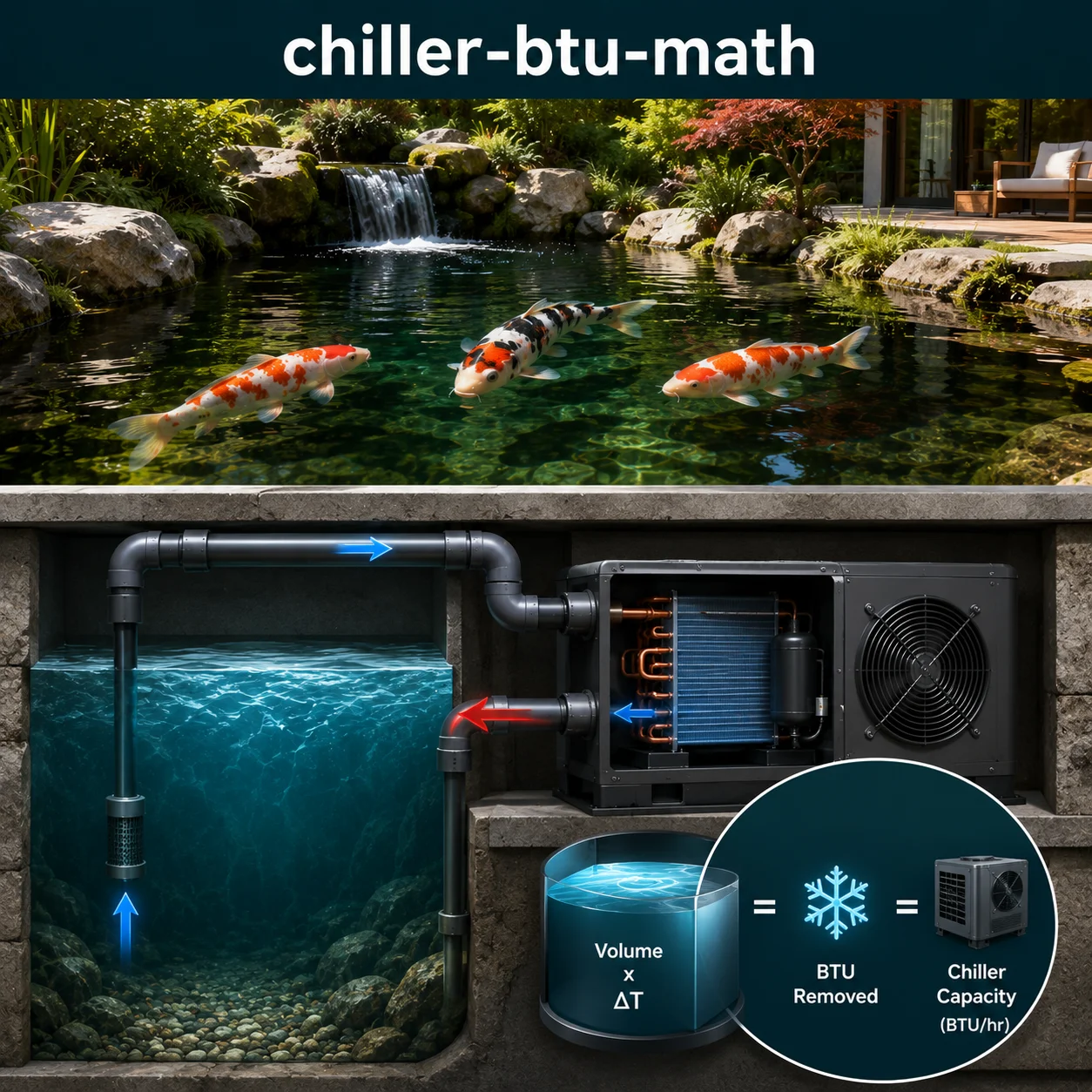 Chiller titanium heat exchanger with BTU math calculations and thermal pull-down chart
