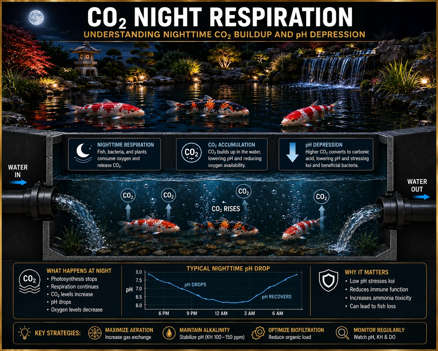 Diagram illustrating CO2 respiration and off-gassing in a koi pond at night