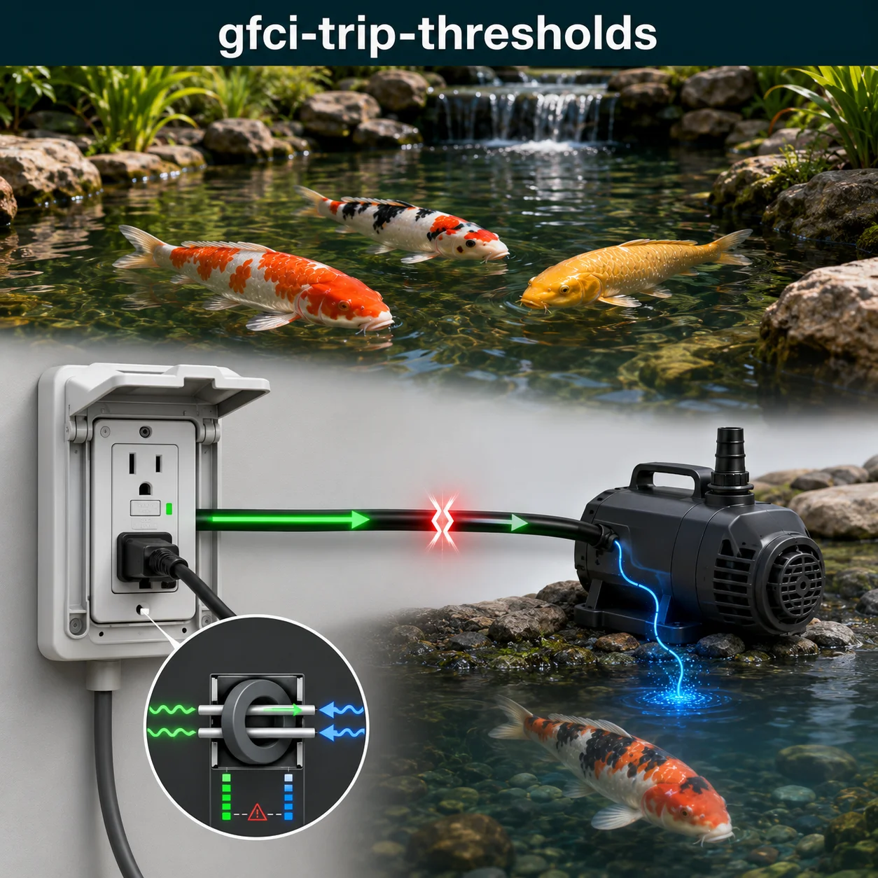 GFCI circuit interrupter trip threshold diagram showing leakage current isolation and trip points