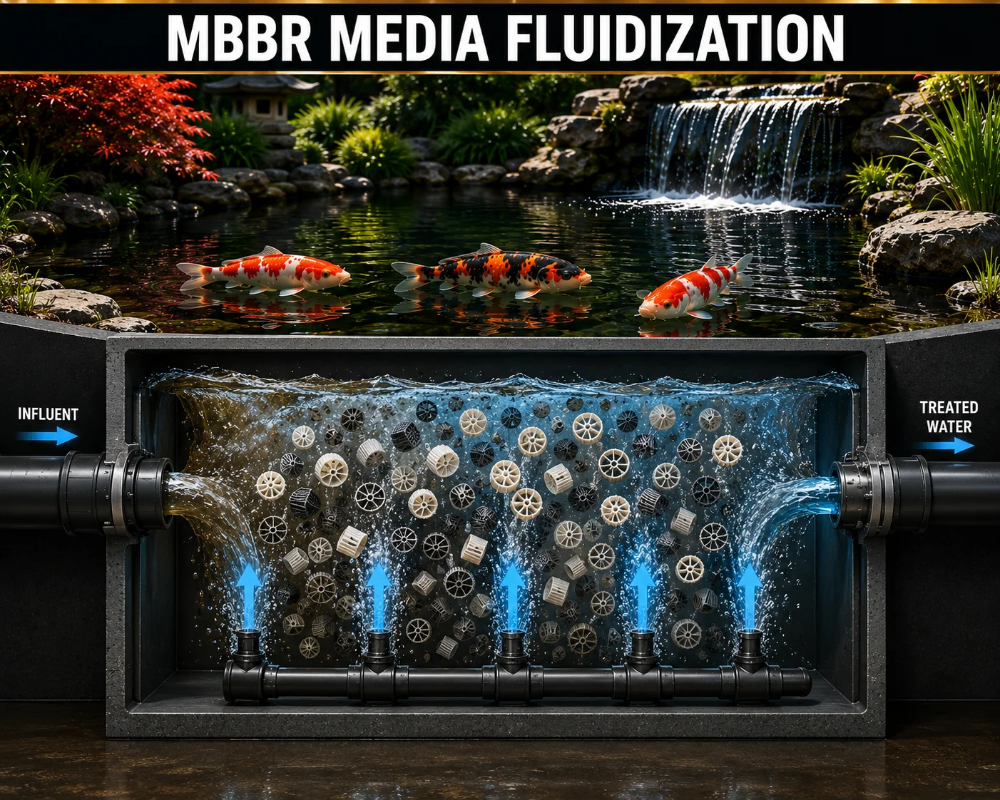 MBBR media fluidization in a koi pond bio-reactor