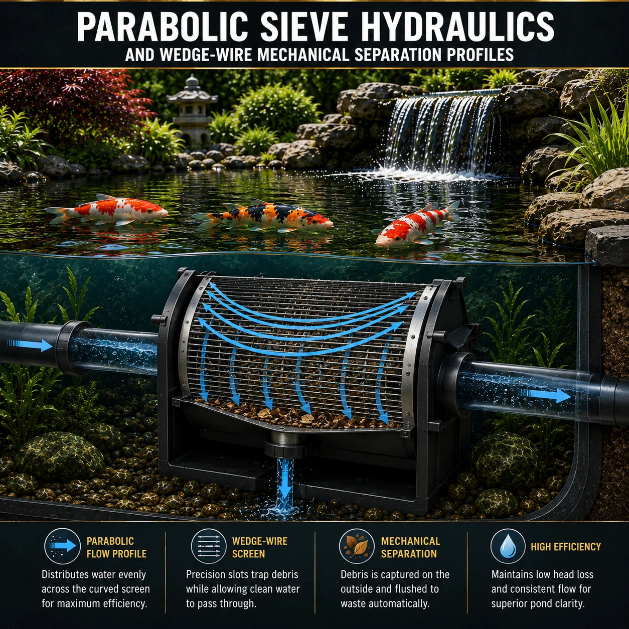 Parabolic wedge-wire sieve separating suspended solids from koi pond water