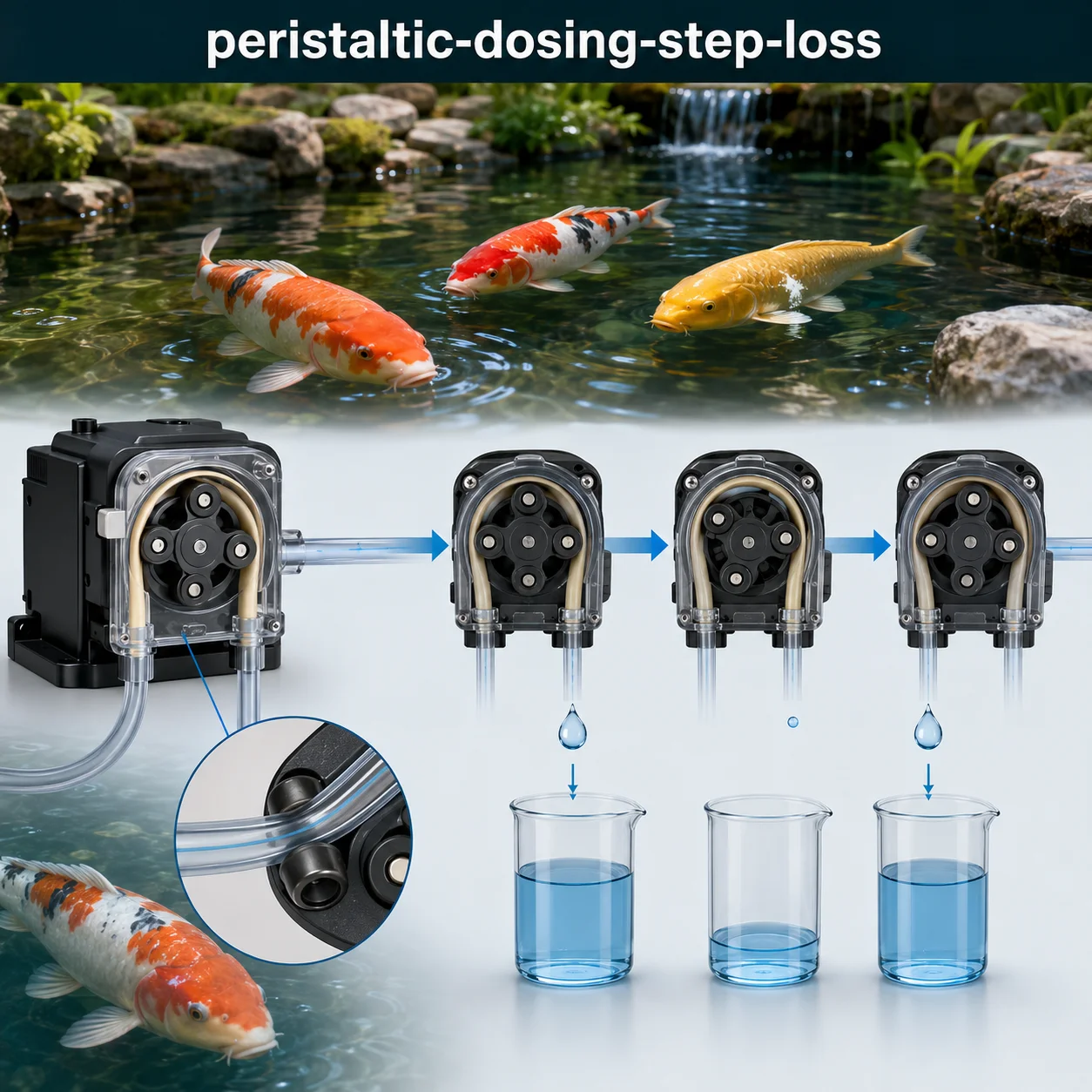 Stepper motor peristaltic dosing pump step-loss metrics diagram with PWM titration error analysis