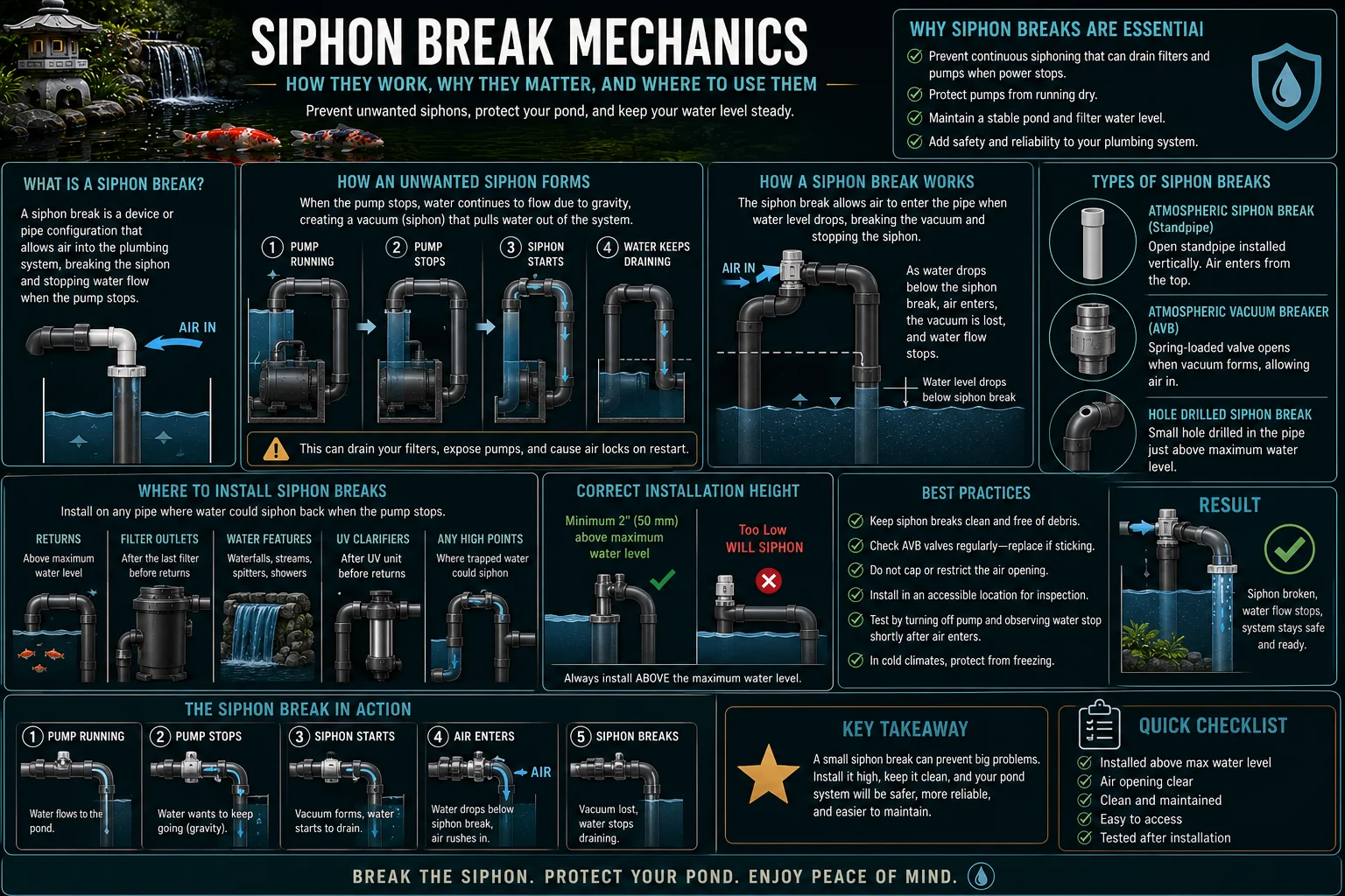 Siphon-break mechanics diagram showing anti-siphoning weir height calibration in a koi pond plumbing system