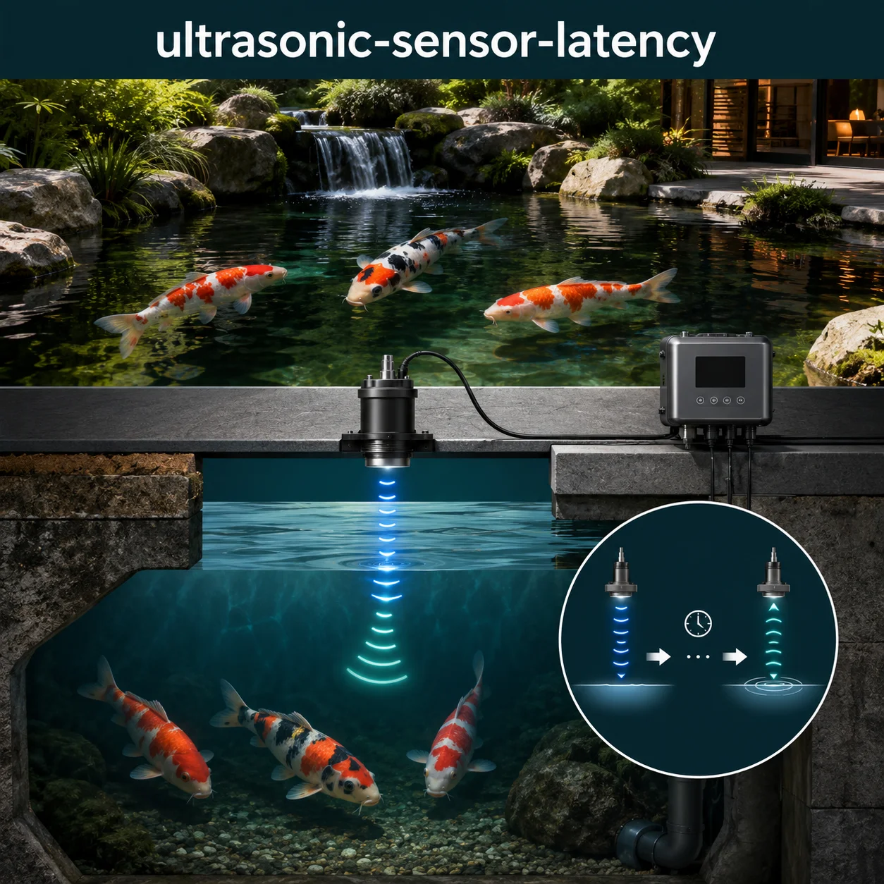 Ultrasonic level sensor with echo pool humidity adjustments and latency calculation diagram