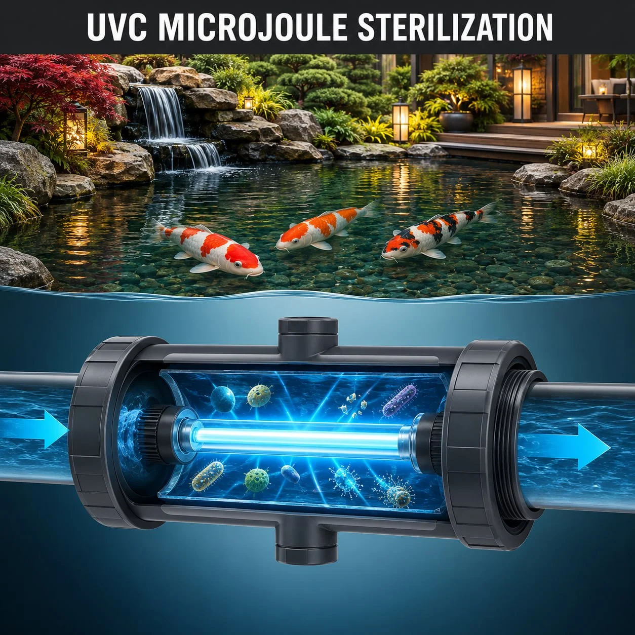 UV-C amalgam lamp emitting micro-joule radiation in a koi pond sterilization chamber