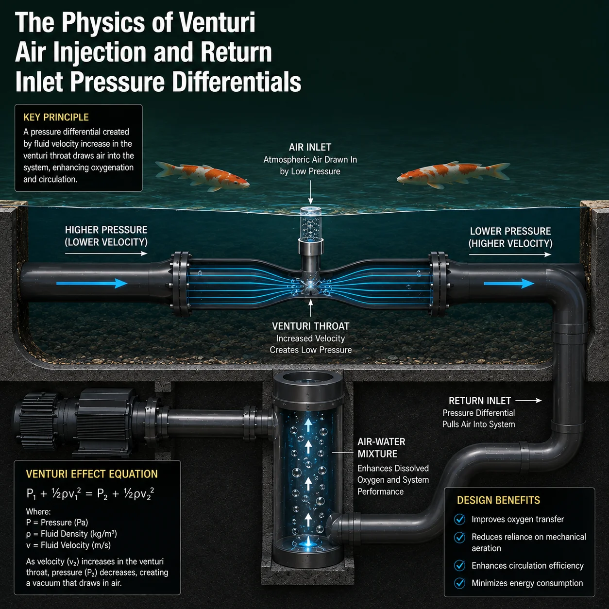 Venturi injection physics diagram showing pressure differential and air entrainment in a koi pond return line