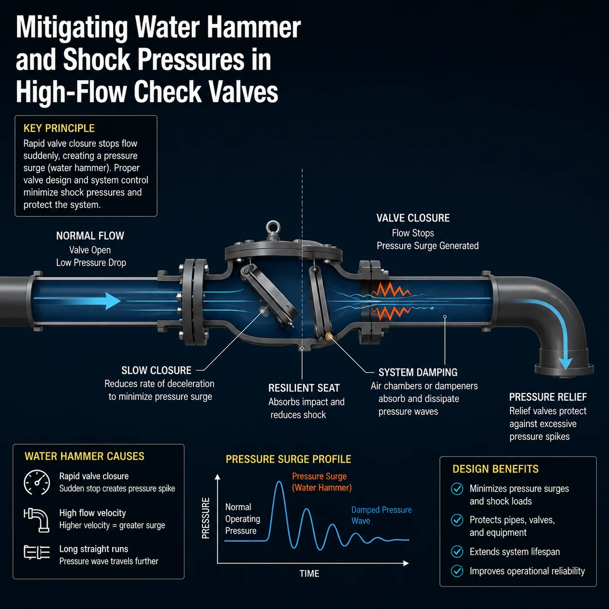 Water hammer mitigation in high-flow check valves